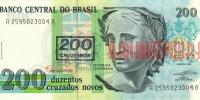 Купить банкноты BRA200-059 Бразилия. 200 новых крузадо. С надпечаткой. ND. AU