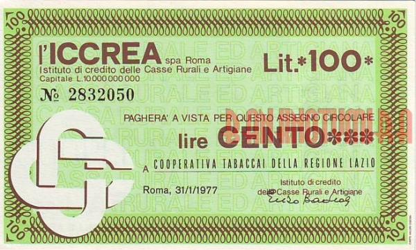 Купить банкноты LIR100-034 Италия. Чек на 100 лир. 1977 год. UNC